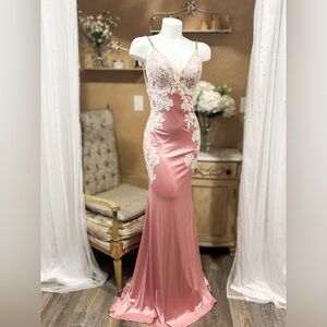 Blush Pink Lace Mermaid Gown Open Back Rhinestone Straps Prom Dress XS